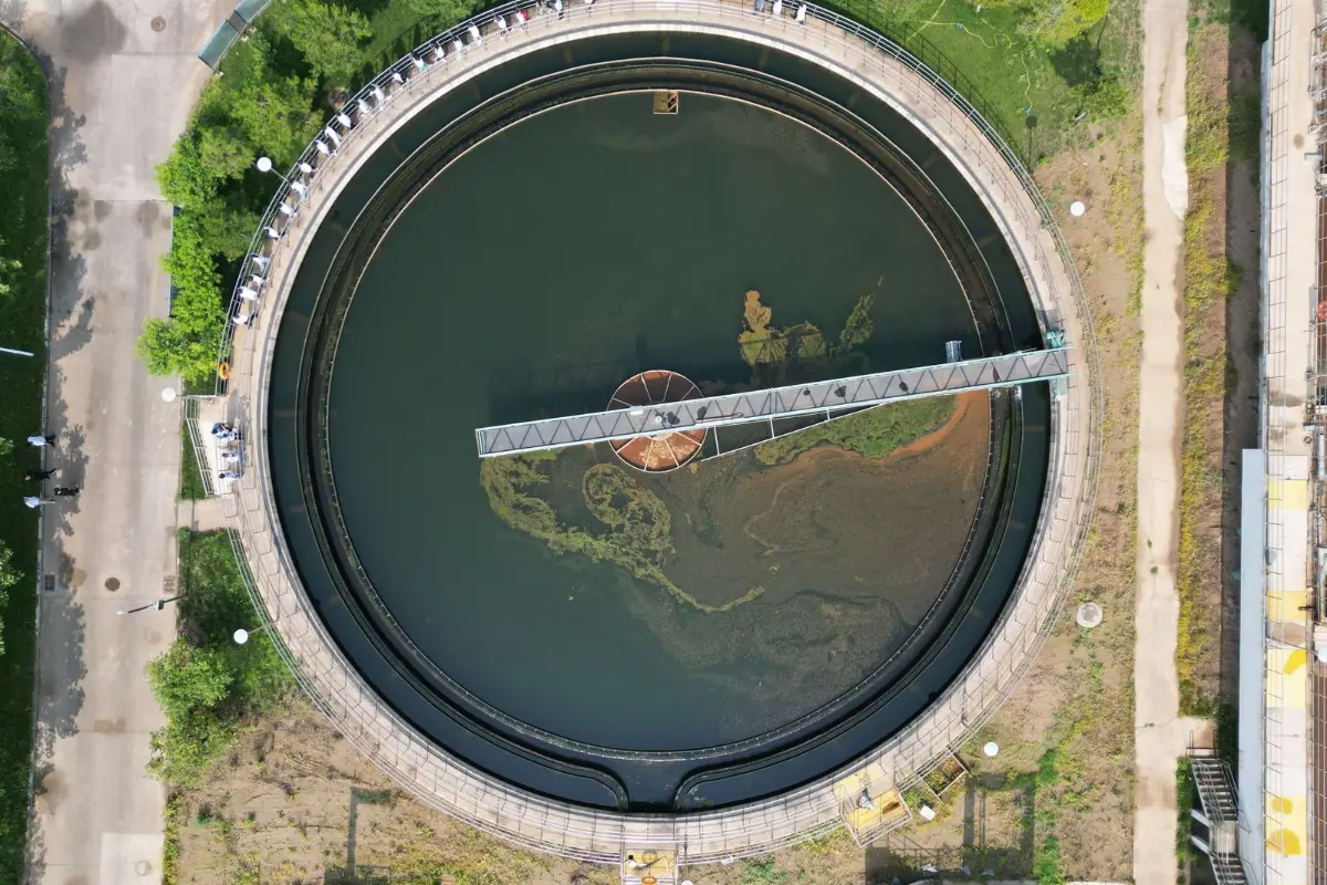 Aerial view of a wastewater treatment lagoon